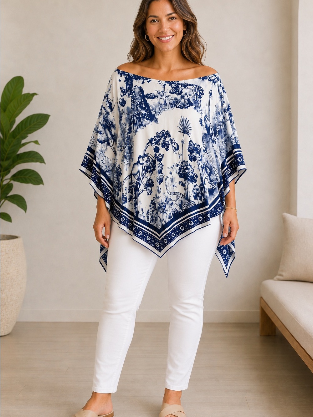 Off-Shoulder Blue and White Printed Poncho Top
